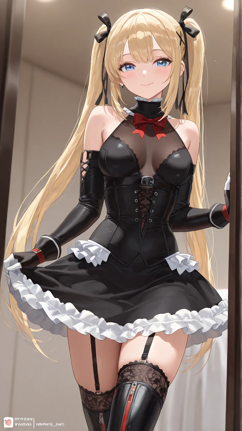 (best quality:1.1), (masterpiece:1.4), (absurd:1.0), portrait, close-up, 1girl, Ekaterina Kuraye, Twintails, low tied_long_hair, hair ends, very long hair, blonde hair, small breasts, blue eyes, black dress, maid's headdress, neck ribbon, wide hips, looking at the viewer, on the street, (blush: 1.2), city, smile, erotica