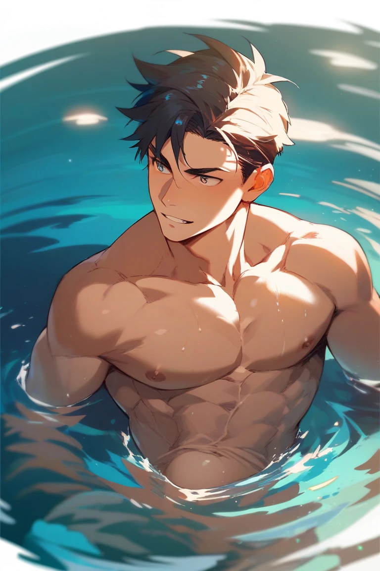 1 one man lying down in frozen water shirtless wearing . Handsome faces and muscular rippling bodie. Wet and dripping. Blue glowing water. Brown hair. Precious jewellery. Lean fit. Bright sun