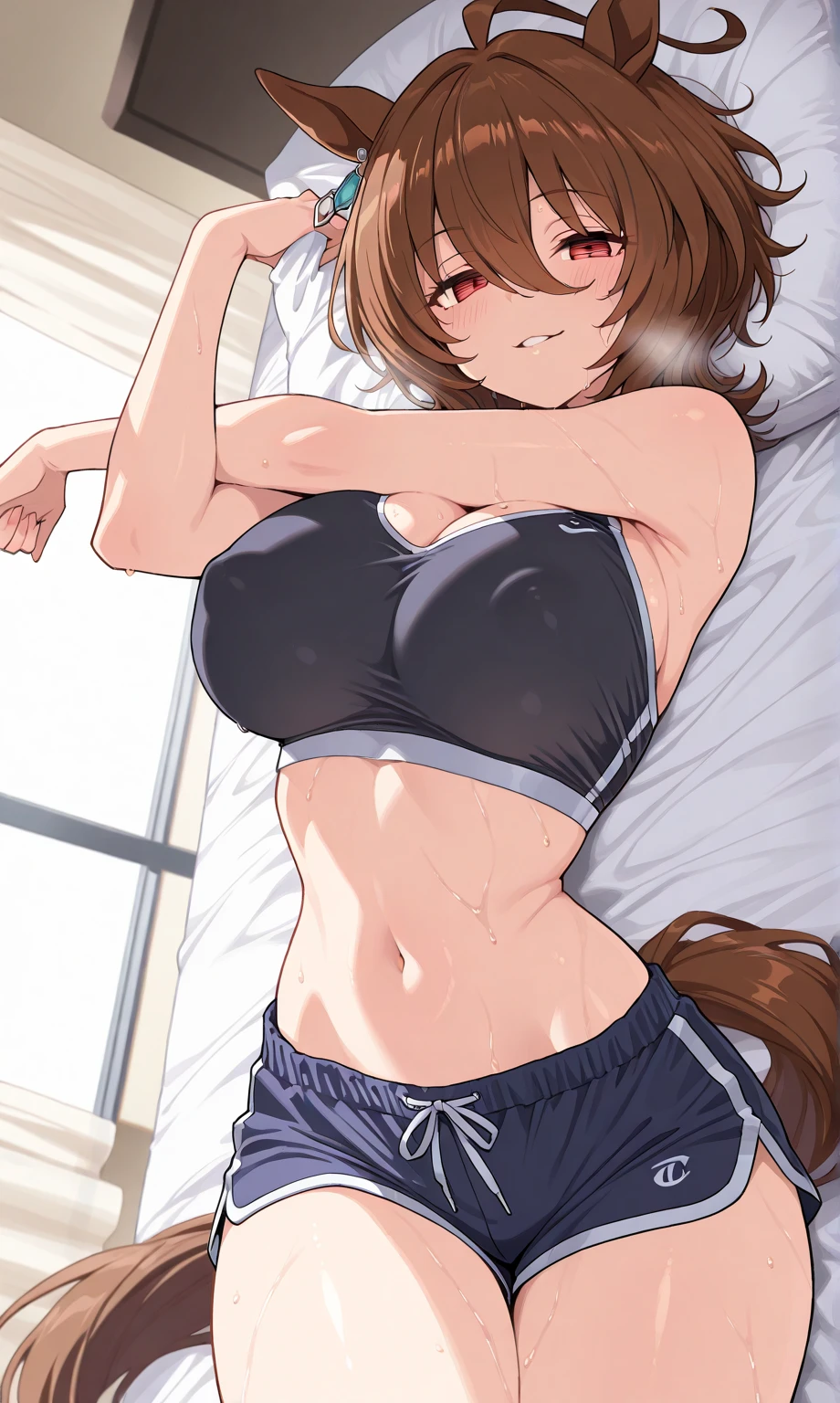 masterpiece, cute girl, thick thighs, shiny skin, large breasts, short shorts, skintight clothing, sports bra, muscular, fit, toned arms, arms raised, laying on bed