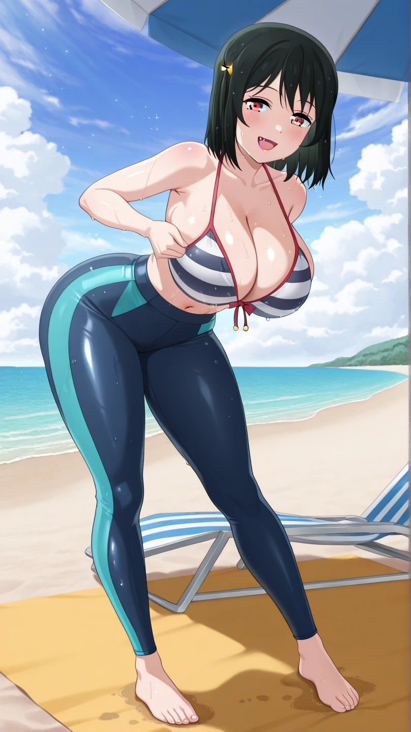 (perfect body),highest quality,16k、Masseter muscle part、((NSFW))、((blush))、((((embarrassing))))、(muscular)、Treefe○lumes、short hair、bob cut、(yellow eyes),((black hair))、blunt bangs、police hat、((Sweat))、(big ass)、huge breasts、swollen nipples、((thick thighs))、Brown belt、(Navy blue high-leg swimsuit)、Navy blue jacket、white knee socks、(beach)、Hands on the hips、