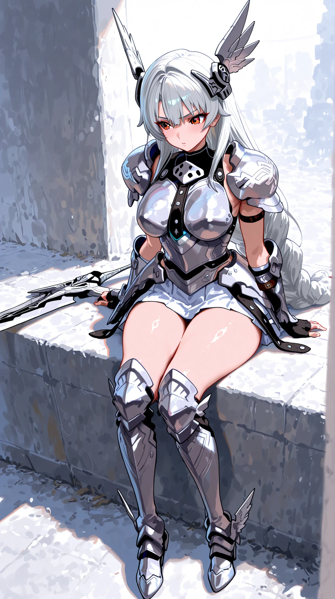 Adult woman with white short hair, gray eyes and dark skin，cleavage，muscle，Abdominal muscles，slim figure，Silver Iron Breastplate，helmet，Scapula，briefs，Iron skirt，thigh，spear，Shield，medieval city wall