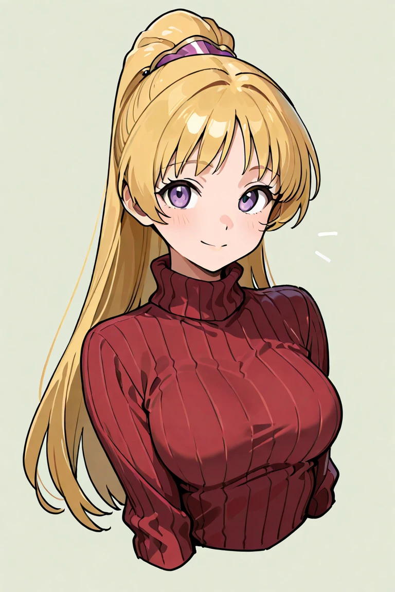<lora:cabbage:0.5>hotify,red sweater,ribbed sweater,sweater,solo,1girl,underboob cutout,clothing cutout,blush,blonde hair,smile,large breasts,upper body,cleavage,looking at viewer,sakayama shinta,highres,blue eyes