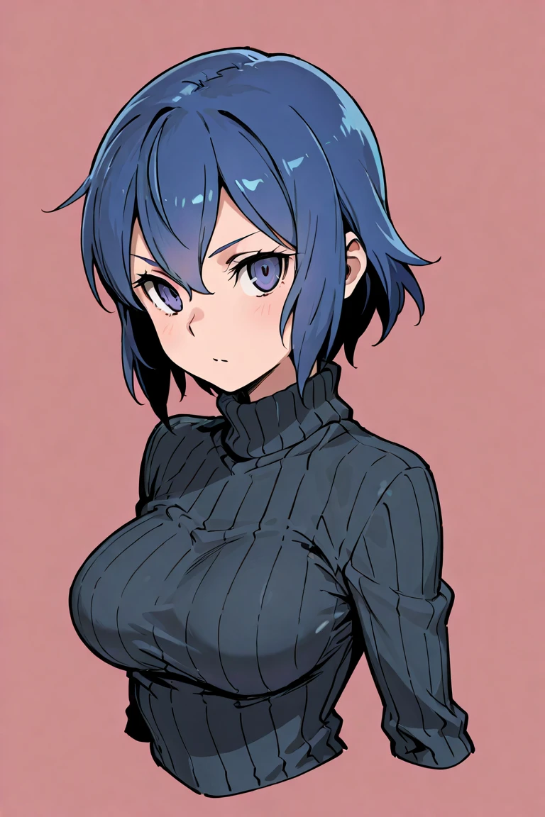 (beautiful detailed eyes, beautiful detailed face, perfect detailed body), mikictr, 1girl, solo, black eyes, short hair, closed mouth, lipstick, blush, large breasts, crop top, no bra, midriff, navel, upper body:1.5, standing, belt, blue short shorts, simple background