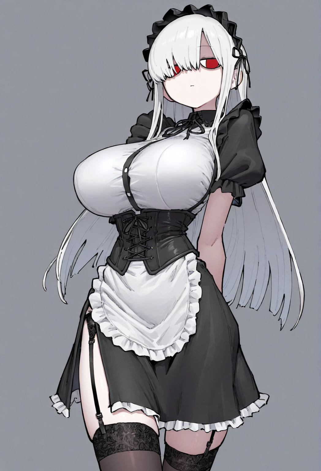 high color saturation、masterpiece、highest quality、High resolution、very delicate and beautiful、beautiful breasts、woman1people、((woman1people、solid color background、hair length、Greige hair、thick legal clothing、skirt、maid Cafe))、Huge 、off shoulder、cleavage、bbw、