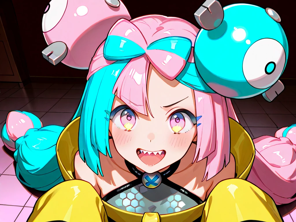 masterpiece、highest quality、High resolution、Real Anime、Fusion of 3D Splatoon girl and neon chainsaw killer Carmilla, urtla beautifu splatoon girl、Golden Eyes、Pink metallic tentacle hair、pastel-neon-color, Crazy Smile, Idol Show、gigantic breast、Cleavage、blush、Toothy smile、