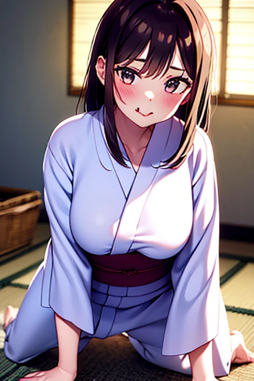 A girl scene in which a group of men are forced to take off their YUKATAs fondle their her small breasts violently push them down and shake their hips on top of a futon in a banquet room at an inn, Cute yukata outfit, Off the shoulder, Her slender body and big eyes are covered in a huge amount of semen、A small-breasted girl with brown hair and blunt bangs、forced spread legs of まんぐり返し crying and lying on his