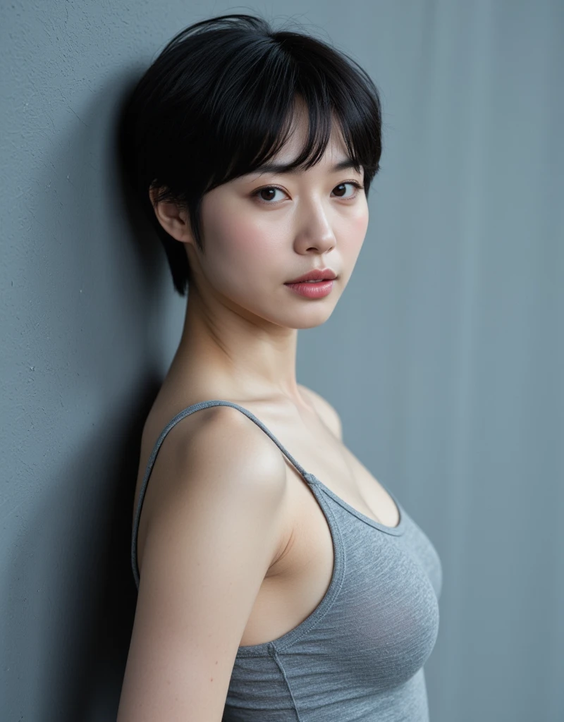 (8k、RAW Photos、highest quality、masterpiece:1.2)、(Realistic、Realistic)、1 Japanese girl、(Short hair)、((Completely Naked))、((Petite Woman))、(((Huge Breasts)))、((View from the front、))、Lots of eyelashes、Glowing eyelids、skeletally correct