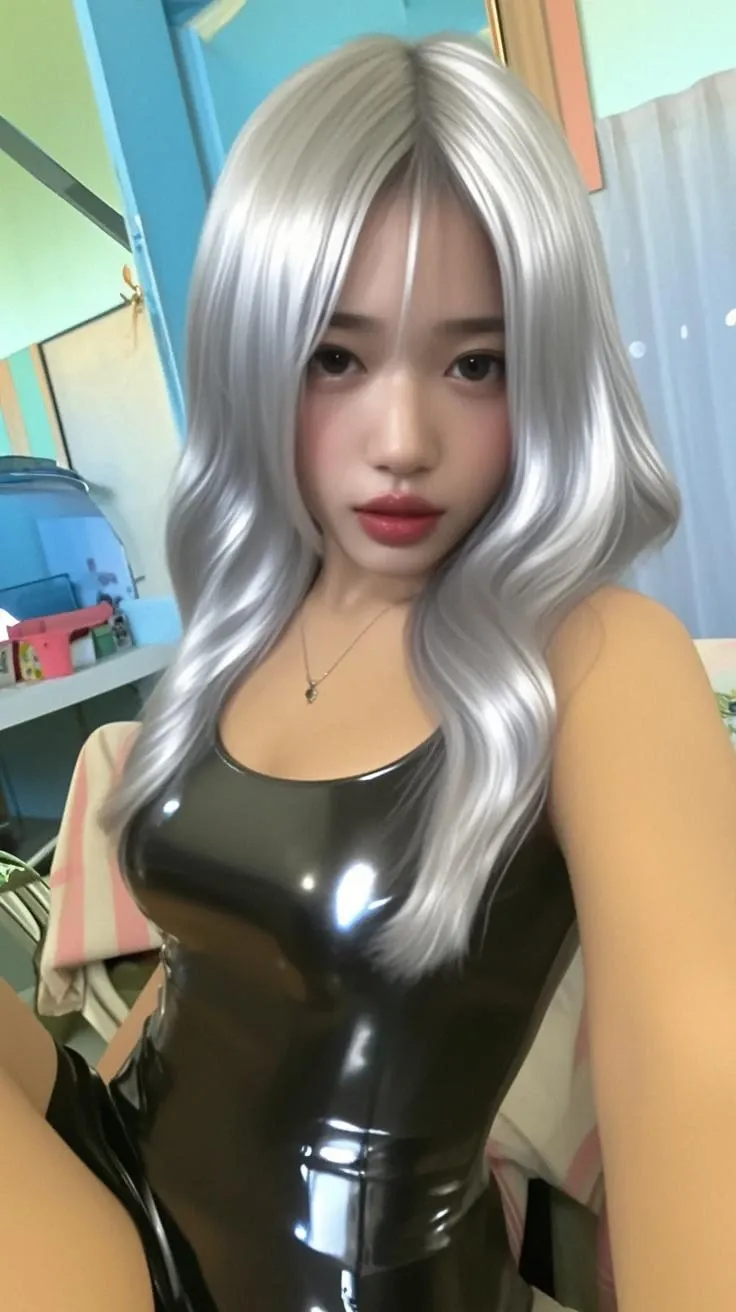 curvy waist, big breasts, white hair, thick thighs, neckline, makeup on the face, cat eyes, white hair 