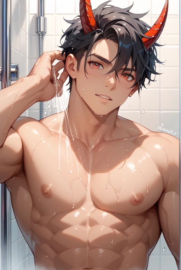 （Absurder，hight resolution，Ultra Detailed），tmasterpiece，18 year old boy with towel around waist，独奏，a handsome，Short, detailed hair，blue eye color，Thin eye，detailized face，（forehead），topless，Bathroom，Dim bathroom background，full body view，steamy，From the side of the Party，look at the viewer，thick fog