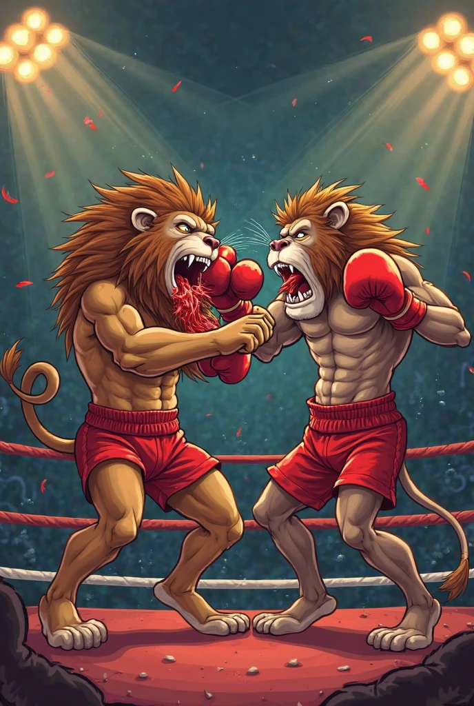 (ultra quality):1.4,color, smooth comics style, (by grimfaust, by meesh, by Taran Fiddler), two characters, lion and horse:2 boxing, muscles:1, athletic build, abs, (correct anatomy):1, lion tail, anime martial arts, sweat:1, sweat dripping, saliva dripping, (white goo dripping):1 from face, strong:1 masculine, boxing ring, fighting:1 scene, (detailed open eyes):1.4, in pain, exhausted, anger:1 expression, wearing boxing gloves, detailed boxing gloves