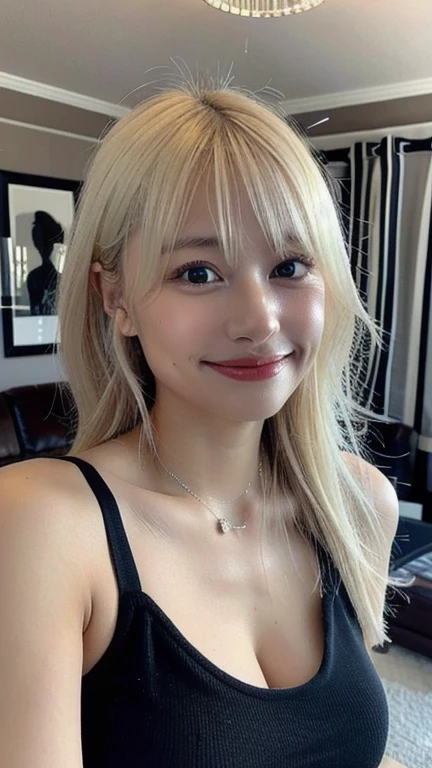(realistic、masterpiece、Best Quality、8K、highres、high resolution:1.3)、1 girl、Huge breasts、smile, white bikini、pale white skin、looking at viewers、super fine face and eyes、long blonde hair、indoor、 upper body、