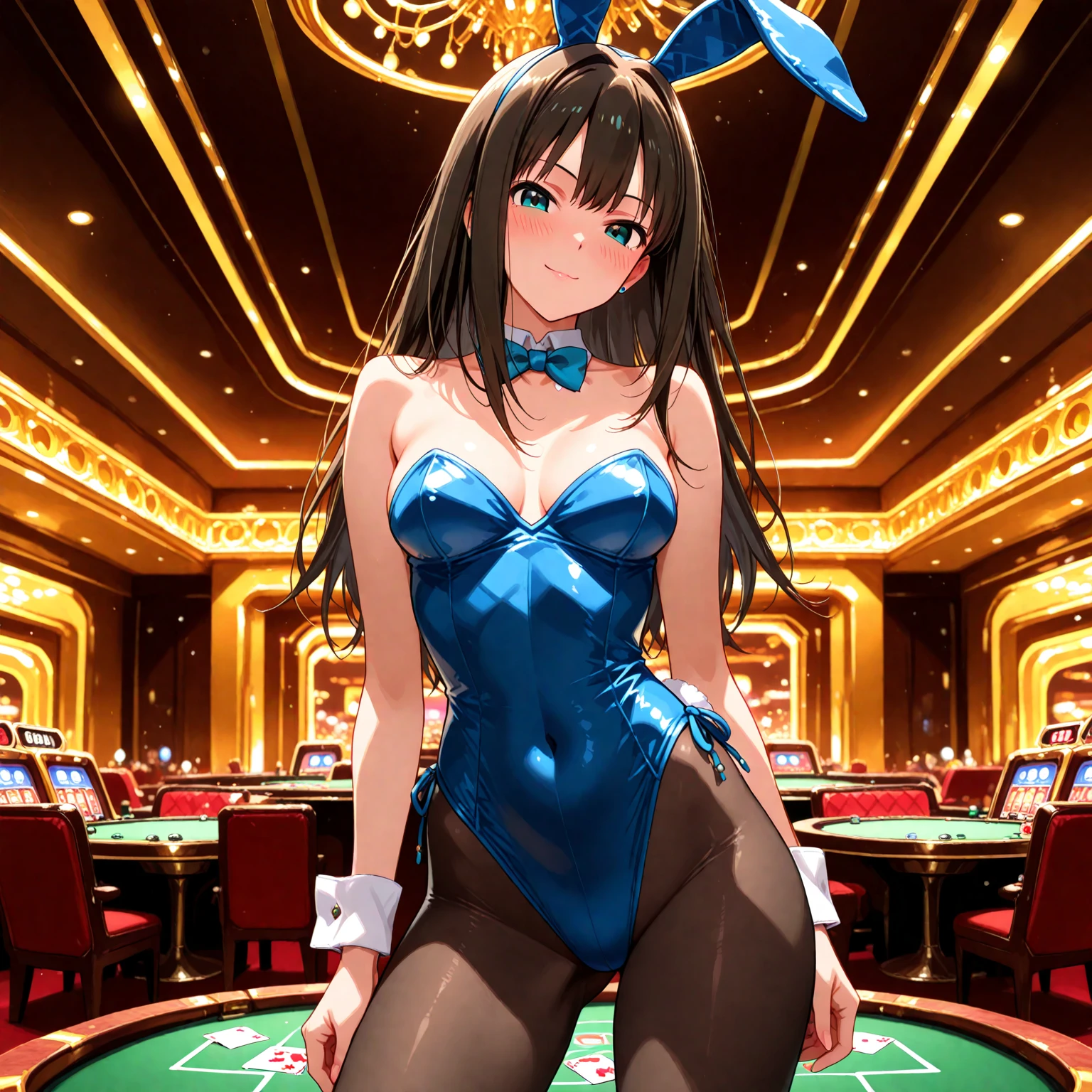 ((8Kmasterpiece,highest quality)), ultra high resolution,(masterpiece: 1.4),hyper detail
BREAK (1 girl),beautiful face,(green eyes),beautiful and delicate eyes,(thick eyeliner:1.3),beautiful and delicate eyes,(thin and long eyelashes:1.3),artistic makeup
BREAK (black hair),(bangs patsun),(long twintails) BREAK (condescend laugh:1.2)
BREAK (slender body),(long legs)
BREAK (luxury bunny girl costume:1.3),(rabbit ears headgear),(ornament of rose),(gold necklace),(black high heels)
BREAK (she is standing:1.3),(forward bend:1.6) BREAK (casino room:1.3),(elegant space:1.2)
BREAK (particle of fantasy lights:1.2)
BREAK motion blur,depth of written boundary,spectacular panoramic view,(lens flare),(vignette light:1.2),(looking viewer:1.4),focus ass