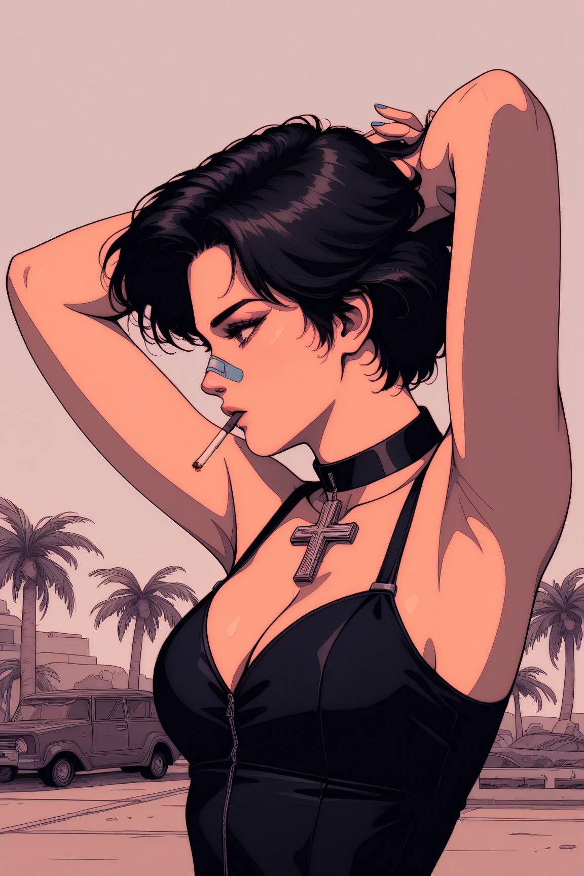 masterpiece, best quality, amazing quality, newest, very aesthetic, BREAK 1girl, solo, bandaid, short_hair, retro_artstyle, bandaid_on_face, choker, mouth_hold, , 1990s_\(style\), profile, palm_tree, cigarette, adjusting_hair, cross, bandaid_on_nose, armpits, arms_behind_head, arms_up, black_hair, cleavage, upper_body, motor_vehicle, sepia,