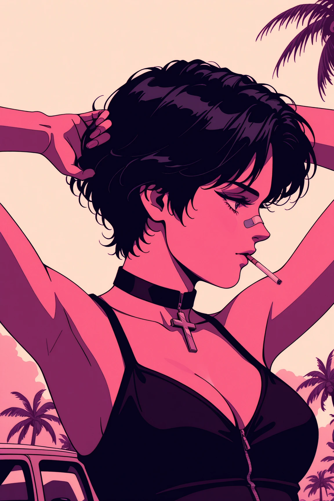 masterpiece, best quality, amazing quality, newest, very aesthetic, BREAK 1girl, solo, bandaid, short_hair, retro_artstyle, bandaid_on_face, choker, mouth_hold, , 1990s_\(style\), profile, palm_tree, cigarette, adjusting_hair, cross, bandaid_on_nose, armpits, arms_behind_head, arms_up, black_hair, cleavage, upper_body, motor_vehicle, sepia,