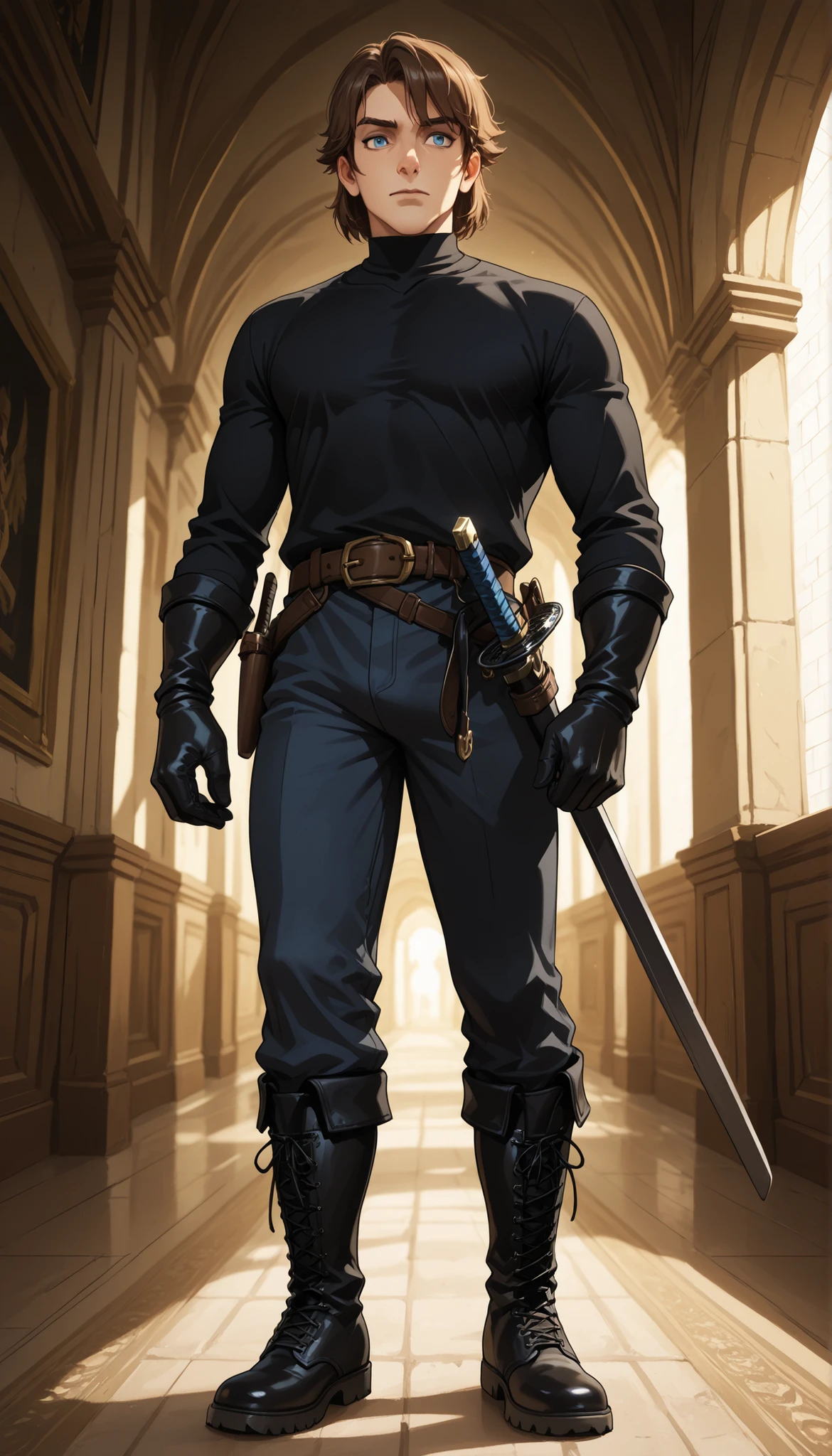 solo,adult man, masculine, clean shaven,katana in holster on belt, wearing black turtleneck shirt, wear black short leather gloves, show full body from head to feet, wear black knee-high lace-up combat boots, looks imposing, confident, mysterious but also charming, 27 years old, dominant, leader, handsome, (link:0.4), illustration, anime look, detailed, masterpiece, beautiful, intricate, (muscular:0.75), mysterious, pretty face, domineering, handsome, blue eyes, medium lightly messy brown hair, (friendly:1.2), charming, controlling, standing in palace hallway