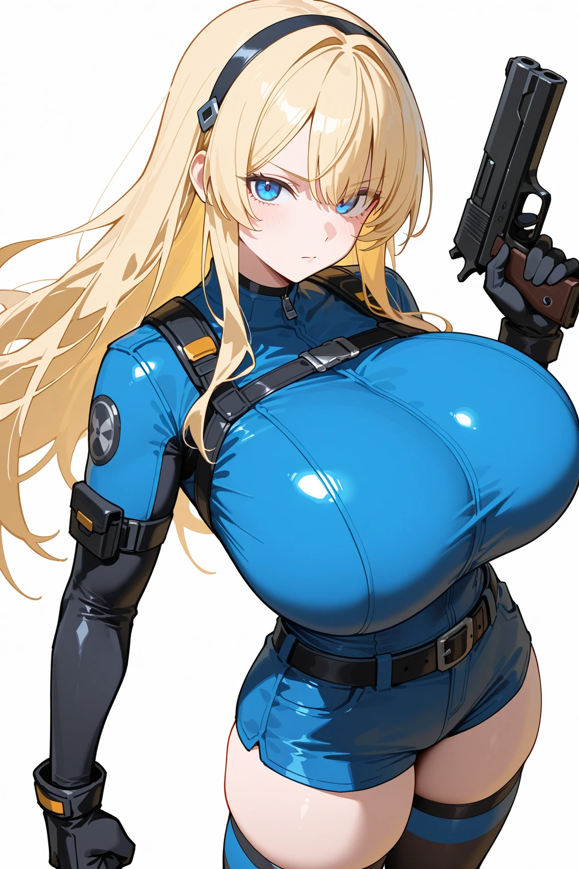 muscular girl huge breasts black long hair yellow eyes pale skin sidelocks