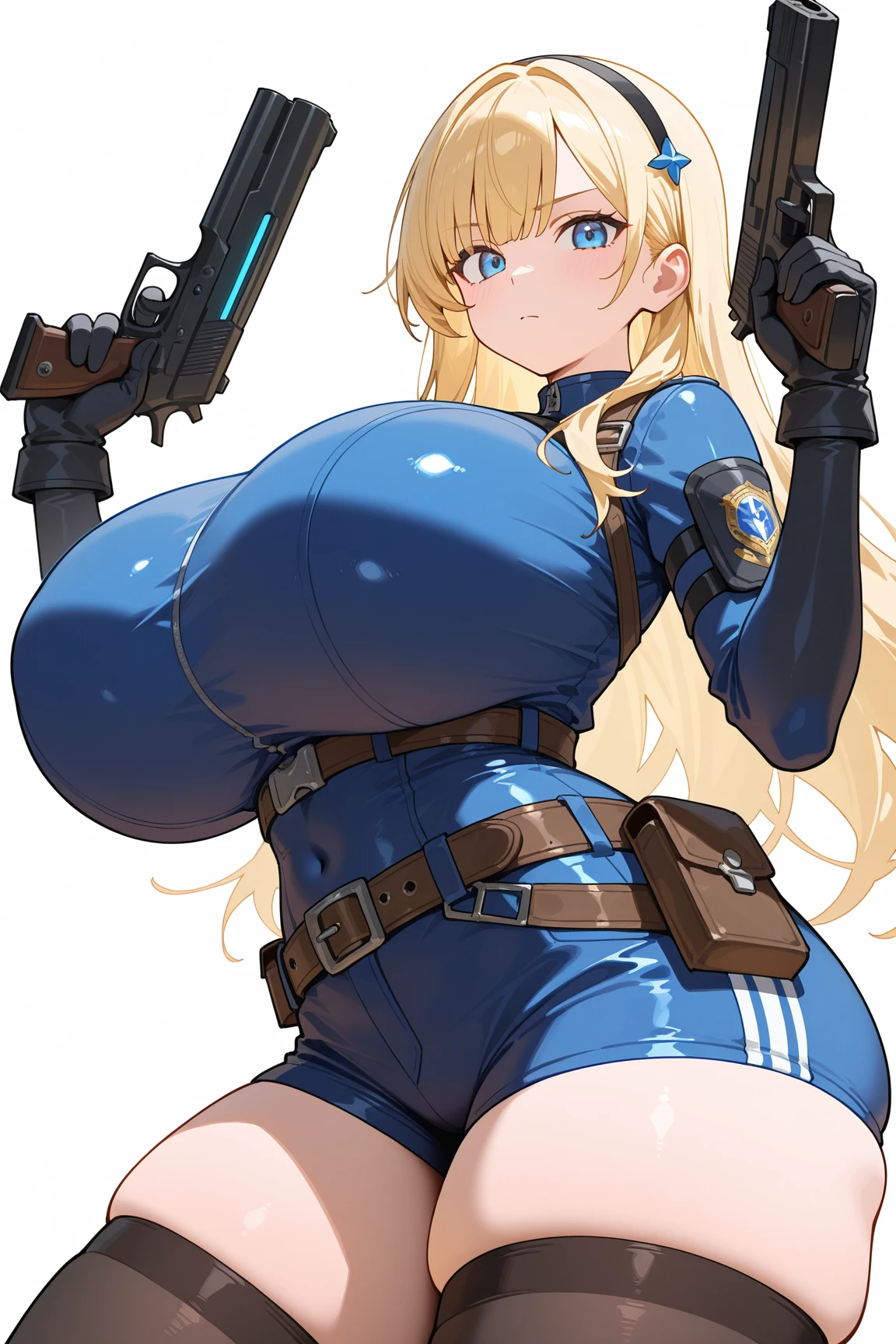Vault-girl, vault 111 jumpsuit, 1girl, bursting breasts, breast expansion, large breasts, crossed arms, vibrant blue eyes, blushing, long blonde hair,