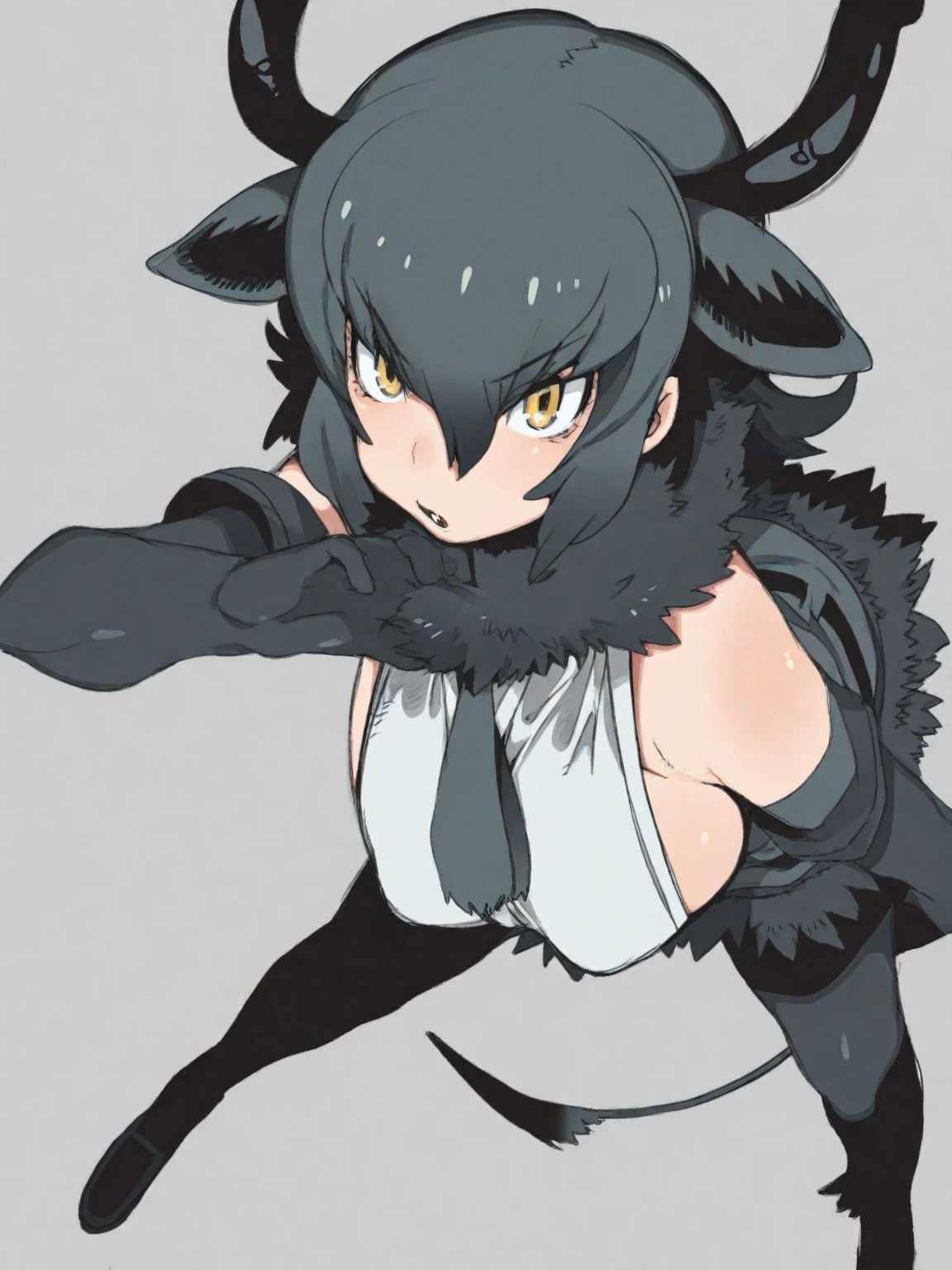 anime girl, 1girl, ryuko matoi, trending on artstation pixiv, kill la kill, sharp claws, arms of black fur, anime girl with a honey badger costume, humanoid honey badger, furry, claws, fur, large breasts, (ripped clothes), masterpiece, black fur legs, white skin, short hair, white panties, female protagonist 👀 :8, white tank top, blue eyes, aggressive smile, thing, navel, big boobs, killing bites.