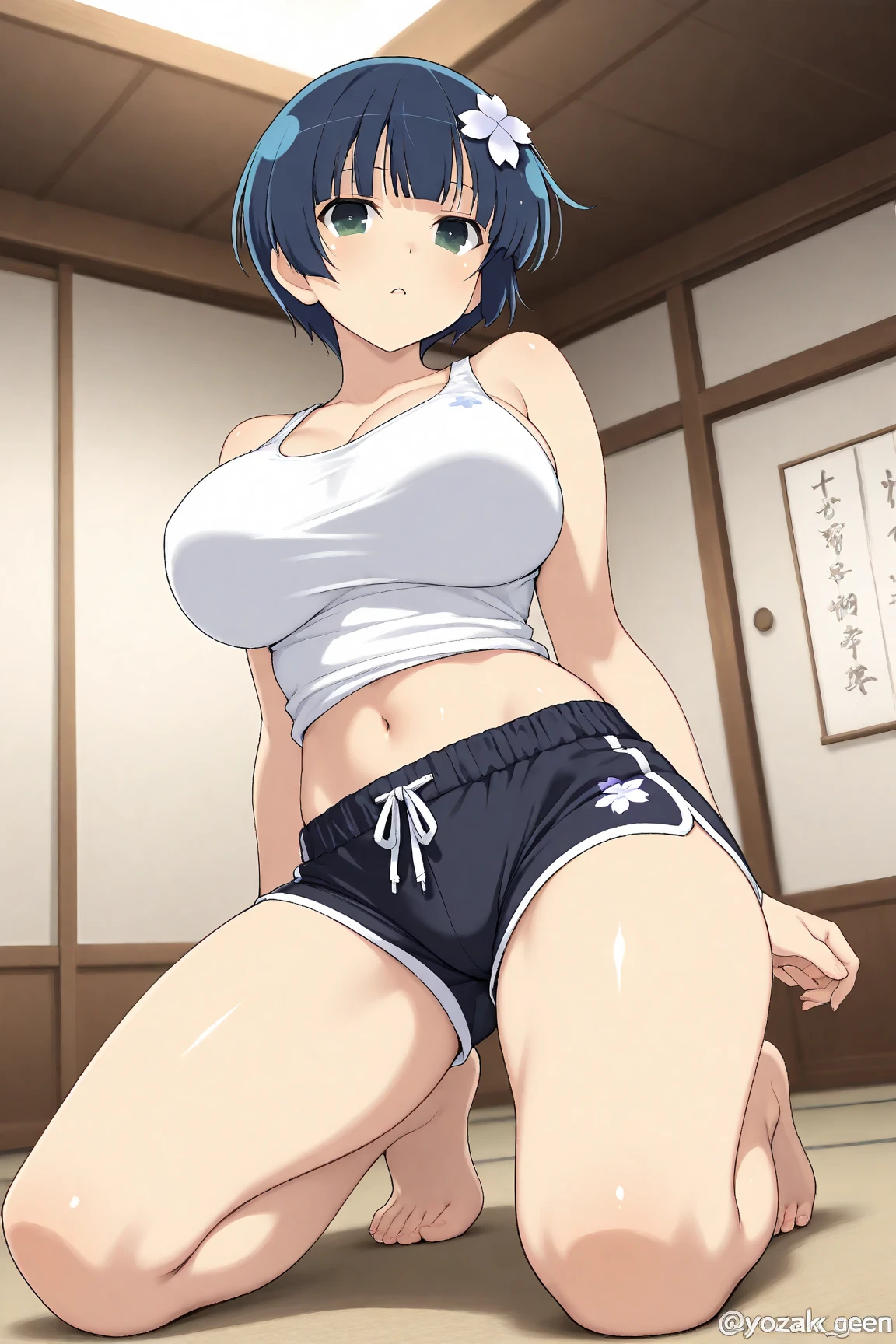 mulher anime, tiny clothes, shorts, sala de estar, yoga pose, barefoot, feet visible, tanned, milf