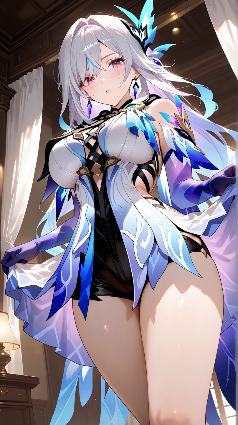 (masterpiece), (best quality), (ultra detailed),(disheveled hair),(illustration), (1girl), (Fashionable clothing), standing, Fashion model, looking at viewer, (interview), (simple background),beautiful detailed eyes, delicate beautiful face, Floating,(high saturation),(colorful splashes),colorful bubble,(shining), focus on face,  ponytail, kamisato ayaka, light blue hair, bangs, hair ring, floating flowers, floating hairs, (shining), best lighting, best shadow, revealing cloths, side boob, crop top, sexy, perfect figure, bare , exposed breasts, small nipples, no bra, no panty
