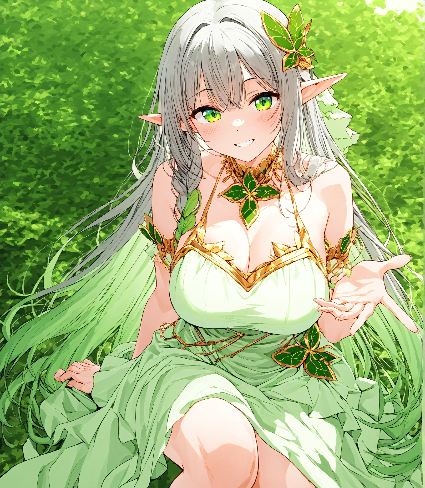 ((best quality)), ((masterpiece)), (detailed), (High definition), 1 girl, elf,  body, cute face, young, slender, perfect waistline, perfect legs, huge breasts, in cute sundress, big cleavage, cute green eyes, small silver hair, smiling, sexy pose, crosslegged