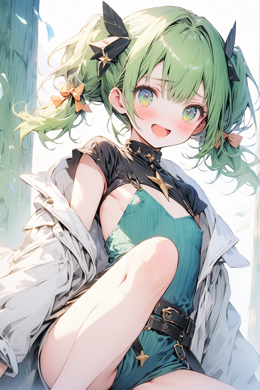 tiny girl,Colossal tits,bared chest,Striped panties,Smile with open mouth,short green hair,hair adornments,Heterochromia,Top image quality,Best Quality