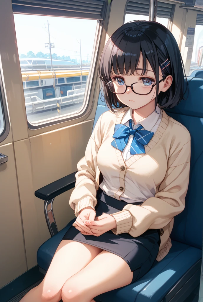 (highest quality), Super detailed), (Ultra High Resolution 8K), High-definition facial beauty,  ((Skirt Lift)), A plain girl with glasses, (Big Breasts), ((Check left and right)), Detailed sailor suit, Showing panties , (Blushing, Embarrassing:1.4), Very hot day, Shade, ((Station platform, Sit down)), Panties that are damp, Makoto Shinkai Cyril Rolando