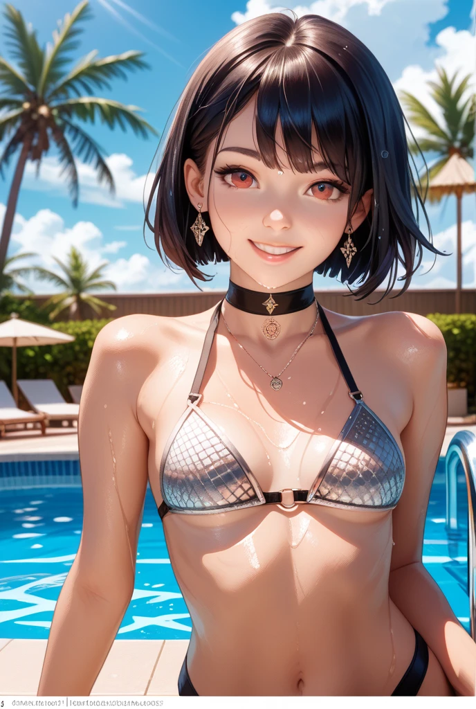 ((Ultra detailed:1.5, Best Quality:1.5, photorealistic:1.5, 8K, Masterpiece: 1.3)), looking at viewers , Sharp Focus: 1.2, A Beautiful Woman with Perfect Figure: 1.4, Slim Abs: 1.2, sweaty Body: 1.1, Highly Detailed Face and Skin Texture, (Detailed Eyes, Double Eyelids), cute Breasts, Smile, girl, wearing a lot of jewelry, (pink eyeshadow, detailed makeup), (wearing lots of bracelets), ((sexy, blue bra, bikini,)) (short hair, onyx black hair ), sexy dancer outfit, (perfect anatomy), night pool,