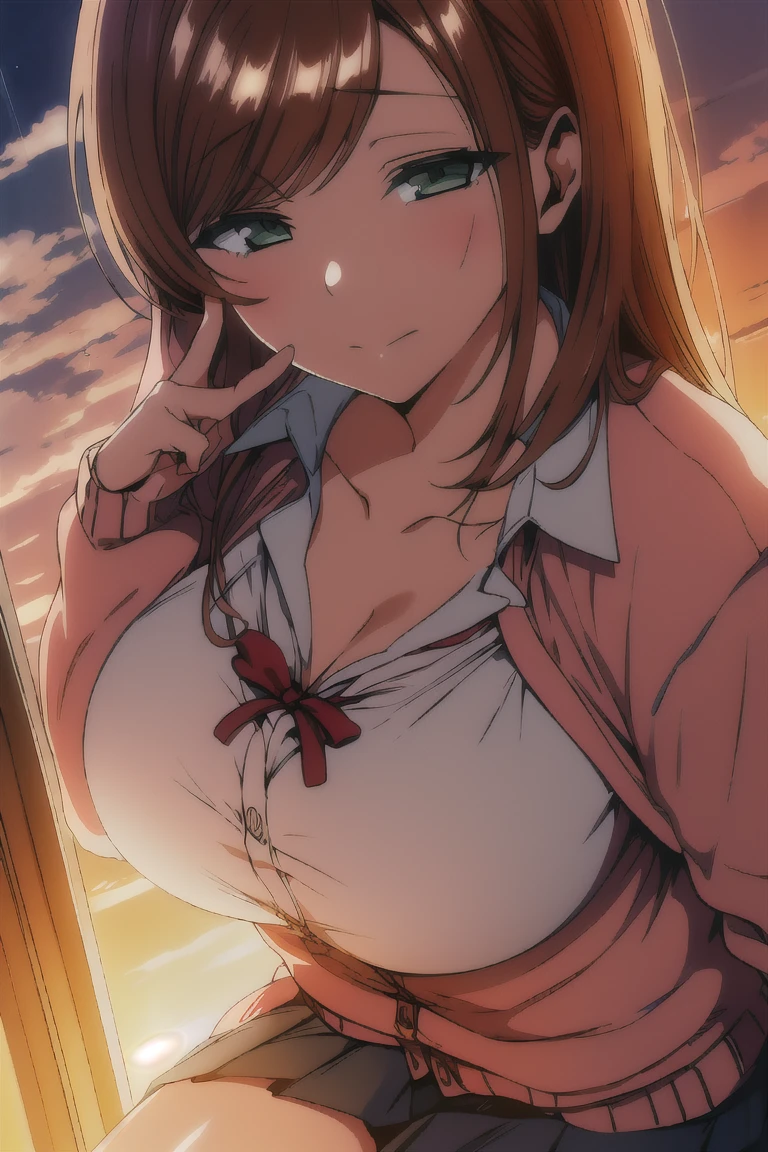 (​masterpiece, top-quality, hight resolution:1.22), (anime screencap,1.5, anime-keyvisual), (ultra_detailed, 4k, UHD:1.2), (photorealistic, pixiv:1.3), the perfect body, NSFW:1.2, miyoshi kaya, KizukiAi, light brown hair, high ponytail, orange eyes, parted bangs, forehead, 1girl, solo, closed mouth, blush, (sagging large breast:1.5), (slim, navel), (dress shirt, open clothes:1.5), (on back, sleepy), (upper body:1.5, on bed), (perfect detailed anatomy:1.5, beautiful detailed face, beautiful detailed eyes, beautiful skin, perfect detailed arms:1.5), 