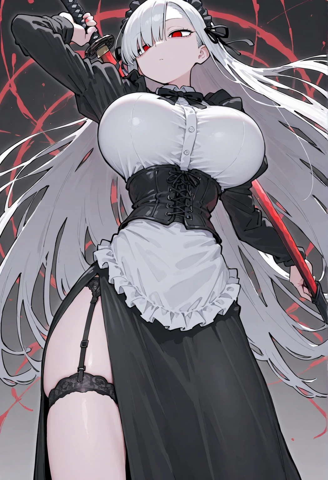Striped hair,White color hair, Weaving, Student mismatch, Chiaroscuro, Backlight, Gothic art, 16K, best quality, Anatomically correct, Very detailed,nun,(White),Red pupil,belt,(Smile),bandage,Introversion,Leg ring,chain,((Devout nun)),Heart-shaped openwork,((Thigh strangle)),(pubic),(Silk gloves),Elf ears,((underboobs)),((Below the breasts)),((Lower breasts)),(Big breasts)