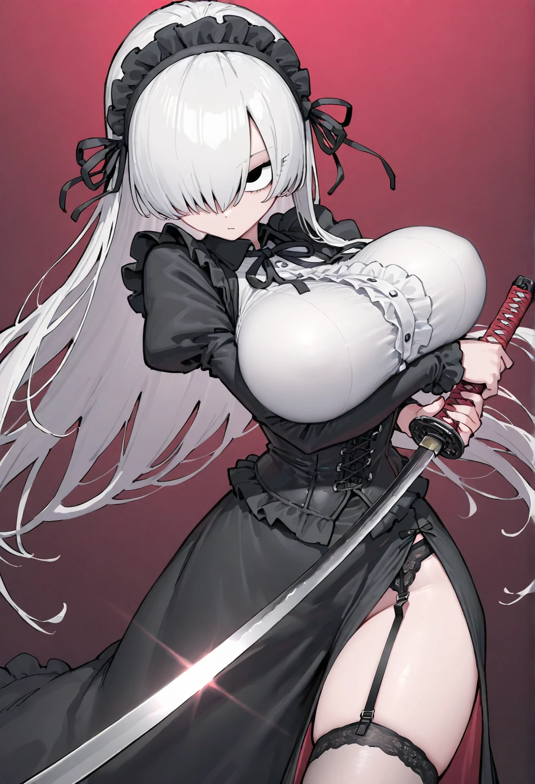 One girl, ((Colossal tits: 1.4)), ((fullnude: 1.4)), ((Hi-Res)), ((masuter piece)), ((Best Quality)), (Very detailed)), Large file size, fulcolor, long white hair, Red Eyes, (eye line), teats, See-through black dress, crinoline