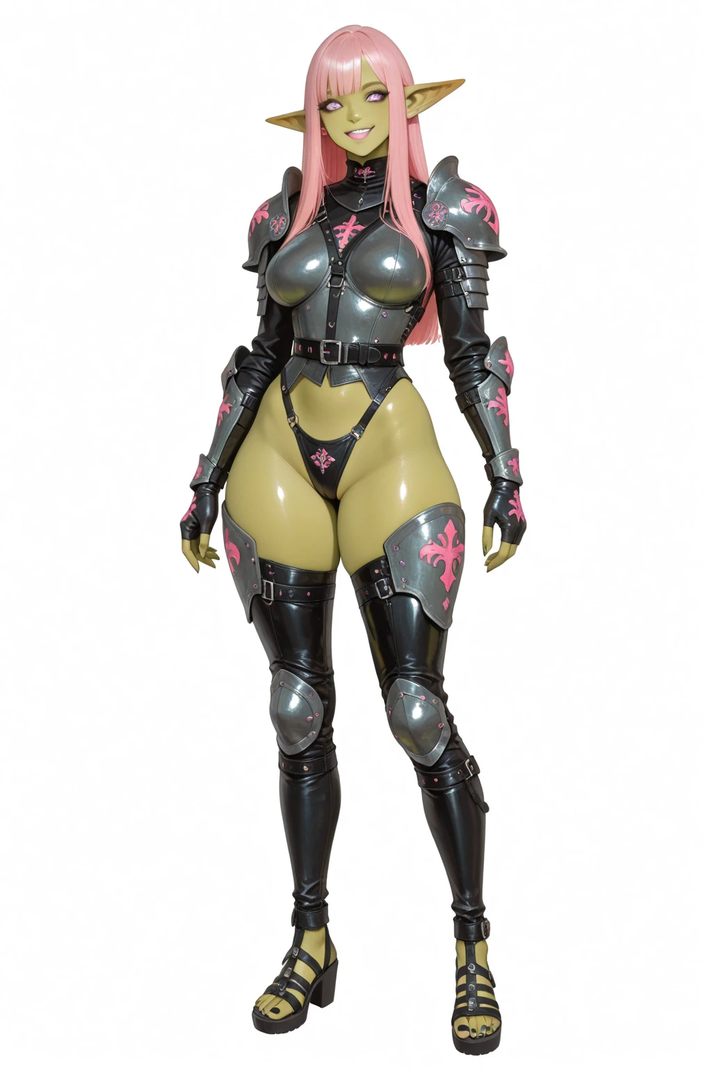Evil female warrior。solo. fish net tights。black bikini armor。prick Decoration。Long gloves and boots。short hair。Sharp claws。Heart tattoo. Cameltoe. From below. Spread legs. show off groin. erected nipples. spread legs. glowing pink tube connected to his crotch. Mechanical background。