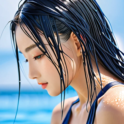 Girl with glasses,(best qualtiy,8K,tmasterpiece:1.3),Goose egg face,largeeyes,long eyelasher,With bangs,Cool handsome,Domineering,Exquisite(live-action realistic style),Star-like eyes,Ultimate face,Photorealistic light and shadow,Clear facial features,Milky white skin,Fair skin, highdetailskin, Realistic skin details, Visible Pore,(Super detail),Petite body,(perfect bodies:1.1),Carmelto, full bodyesbian,beachside,swim wears,sandbeach,Tattooed with,((dynamicposes),and hold your head in your hands,Be red in the face),((early evening,Get wet with water)),((Dynamic background((Rough waves)) ,Dramatic scenes
