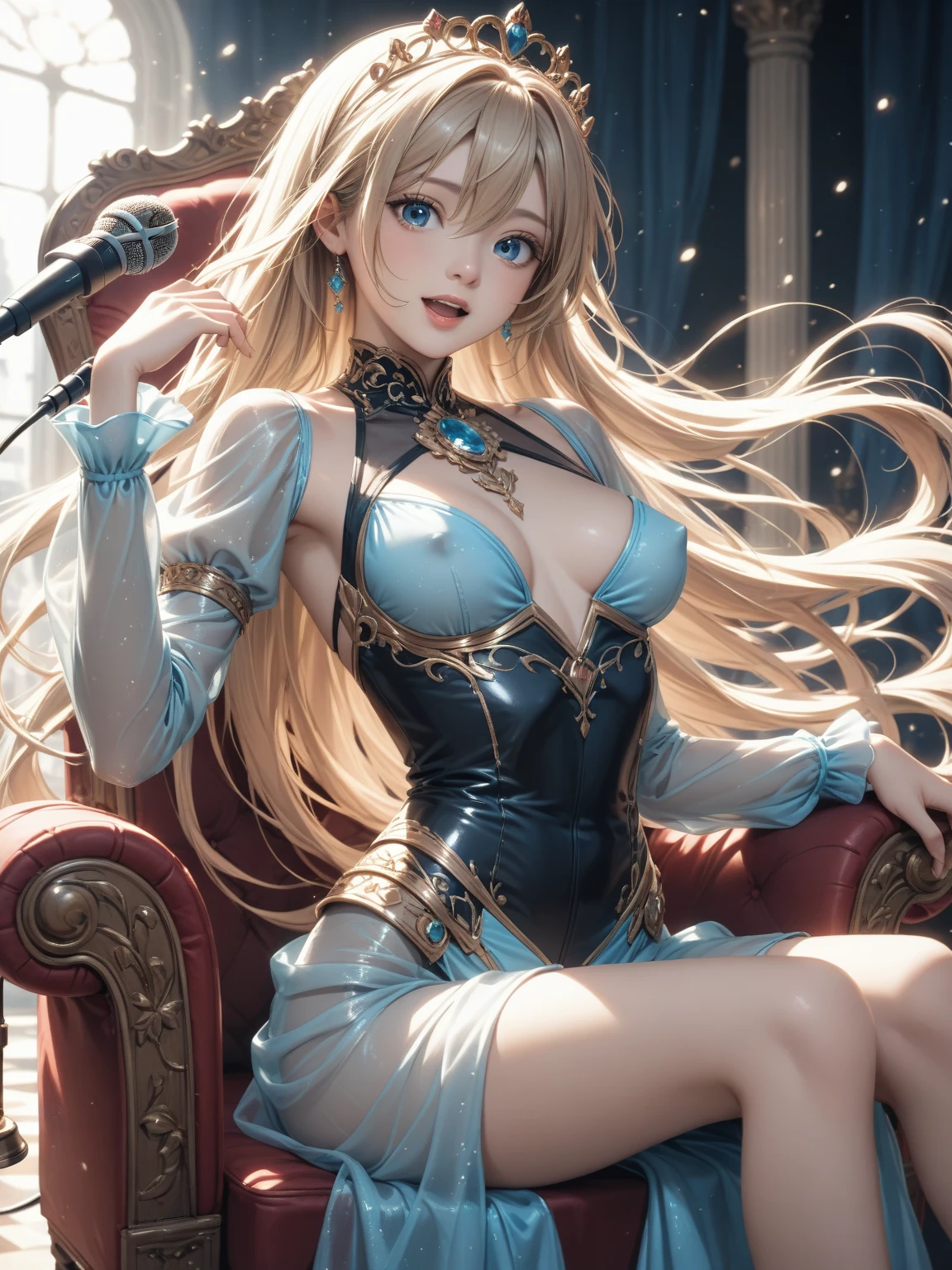 (masterpiece, Highest quality:1.3), (Super detailed:1.4),(Super detailed顔:1.2),(Super detailed目:1.2), (hyperRealistic:1.3), (RAW Photos:1.2), High-definition RAW color photos, Professional photos, (PhotoRealistic:1.4), (Realistic:1.4),8k,Professional Lighting, Perfect Anatomy, BREAK,medium breasts,(blush),(Bright smile:1.2), High detail, Sharp focus, dramatic,dutch angle,Medieval Princess,Inside the temple,Listening to music,gem,ring,necklace,Blue Dress,(Countless small prisms are floating:1.3)