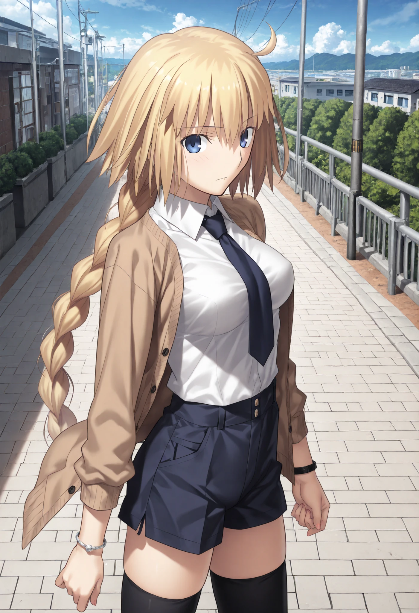 masterpiece, , absurdres, highres, detailed background, high resolution, masterpiece, necessary, detail, best quality, quality, necessary, details, High details, Precise, outdoors, in japan, , from above, from side, blue sky,
1girl, , Takeuchi Takashi (type-moon,tsukihime) style, takeuchi takashi style, blouse tucked in shorts, cowboy shot, bracelet,
girl, slim arms, jeanne d arc, \(fgo\), blue eyes, jeanne d arc, blonde hair, medium hair, single braid, ((very big braid, huge braid)), loose brown cardigan, closed front, long sleeve, white undershirt, dark blue necktie ,collared undershirt, dark blue shorts, dark blue thighhighs barely visible at the bottom of the frame, medium breasts, looking at viewer, ,