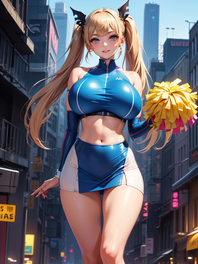 (hot thicc ass), (large breasts:1.2)), Ichinose Asuna, light brown hair,blue eyes,very long hair,hair over one eyes,halo, highleg leotard, blue leotard, playboy bunny, fake animal ears, bunny ears, bow, detached collar,thighband pantyhose, skinny, slim thick, 8k, at a street, smiling, beautiful face