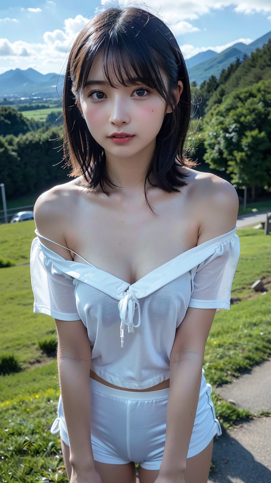 ((bestquality, 10, Masute Piece :1.3)), crisp focus :1.2, Beautiful young girl, 15 years, teenage, ((Loose T-shirt)), Downbros, ((leaning forward)), (Small breasts), (smile:1.15), Highly detailed face and skin texture, detailed eyes, (round face:1.4), outdoor