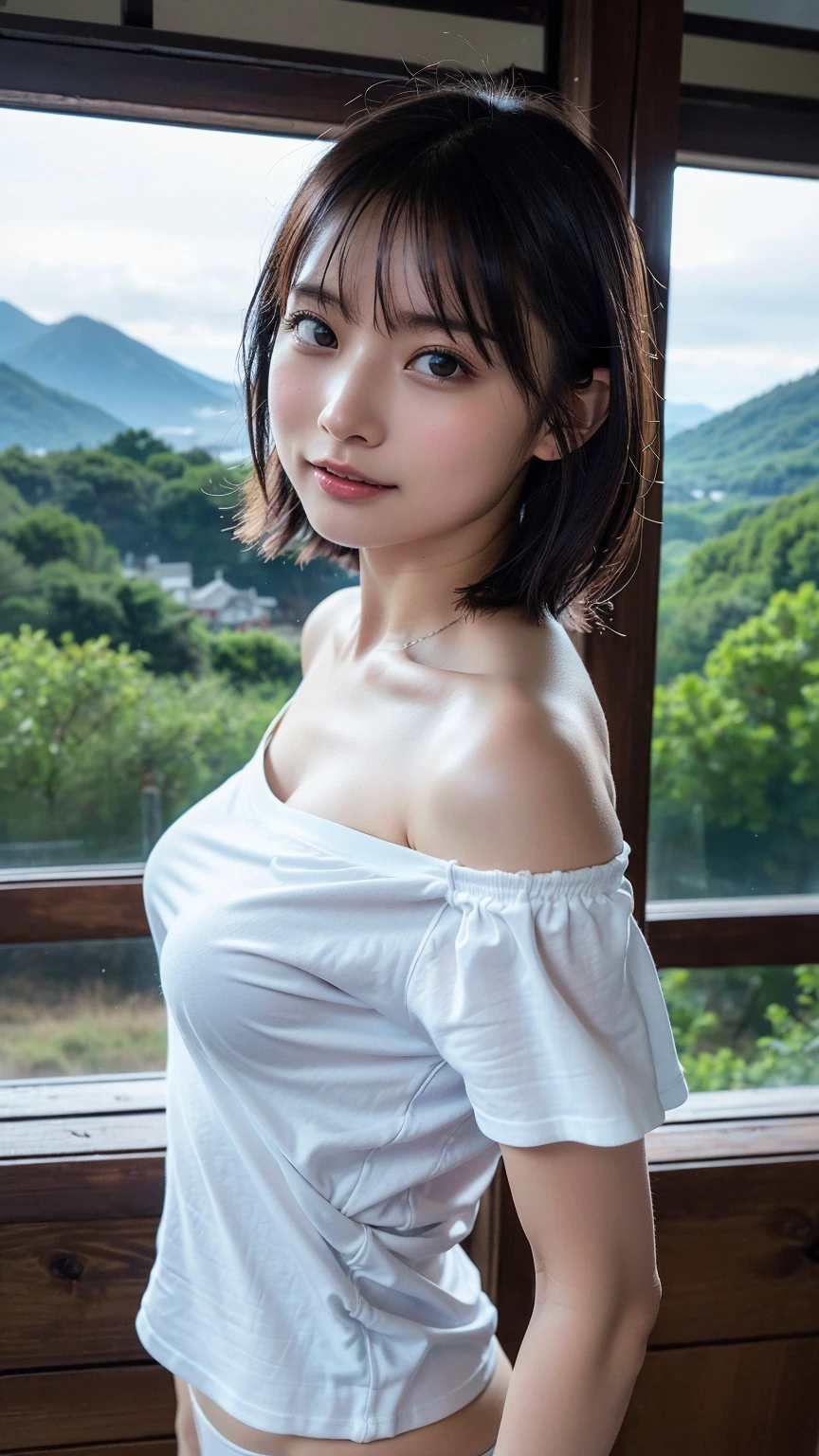 (highest quality,masterpiece:1.3,Ultra-high resolution),(Super detailed,Caustics,8k), (Photorealistic:1.4, RAW shooting),dusk,Sunset sky,Inside the Japan house,Japanese,20-year-old,smile,Black Hair Middle Hair,(Blue short-sleeved summer knit),Big Breasts,Bust up shot,Natural light,(High Position),(High angle)