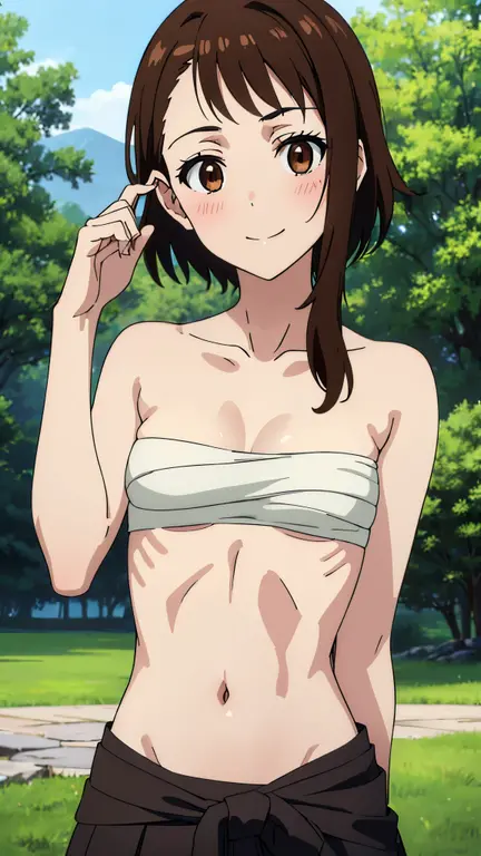 masterpiece, highres, solo, 8k, detailed, perfect face, best quality, (ultra high quality), looking viewers, (armpit), collarbone, bare arm, small breast, cleavage, black hair, blue eyes, small pupils, belly, stomach, navel, abs, sarashi chest, bandaged breast, (blue hakama), slim body, upper body, emotionless, flat face, at forest, hands up