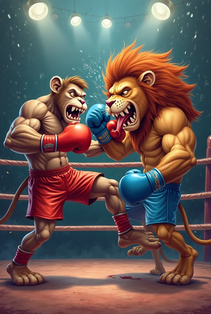 (ultra quality):1.4,color, smooth comics style, (by grimfaust, by meesh, by Taran Fiddler), two characters, lion boxing, muscles:1, athletic build, abs, (correct anatomy):1, lion tail, anime martial arts, sweat:1, sweat dripping, saliva dripping, white goo dripping from muzzle, strong:1 masculine, boxing ring, fighting:1 scene, (detailed open eyes):1.4, in pain, exhausted, anger:1 expression, wearing boxing gloves, detailed boxing gloves