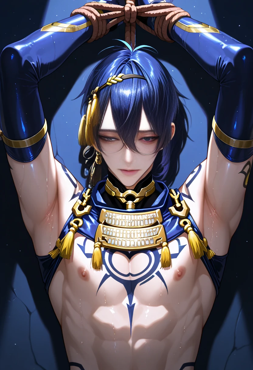 1boy, male, adult, muscular, very short black hair, brown eyes, tanned skin, police uniform, open shirt, open chest, unbuttoned pants, one hand shows biceps, satisfied grin, sexy, lying on bed