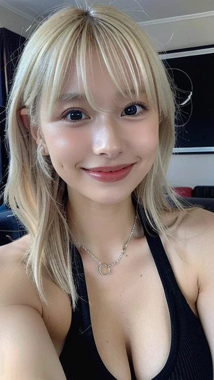 best quality, masterpiece, ultra high resolution,8K, (realistic:1.6), (makeup portrait:1.4) RAW photos,((Platinum blonde long hair with side parting)),huge breasts,The cleavage is visible,((Jet black blue mini skirt fashion)),((face up)),((k-pop idol makeup)),one girl,(laugh, showing teeth)), 26 talent,,((look up at the audience)),face focus:1.4,((Taken from above using a fisheye lens:1.4)),String Nashi