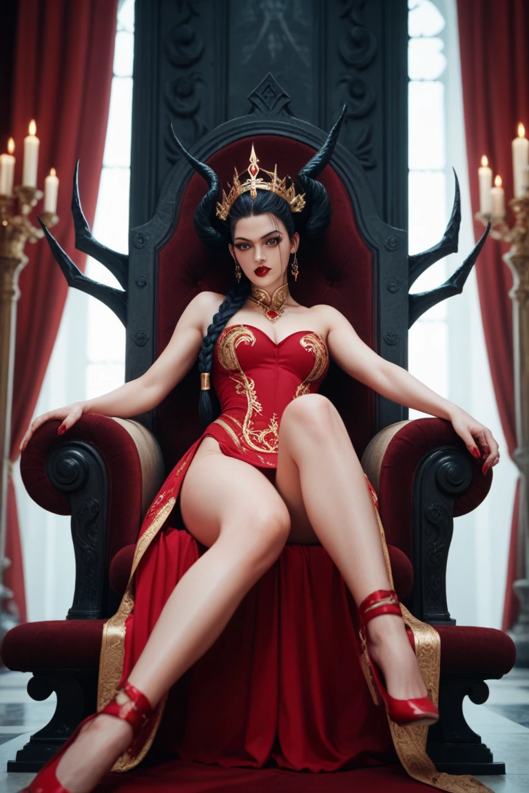 masterpiece, best quality, 1girl, azula, closed mouth, smirk, makeup, décolleté, navel, (open kimono, thong), wide hips, sits on a throne, red throne, legs apart, lipstick, looks at the viewer, fire, throne room background, erotica