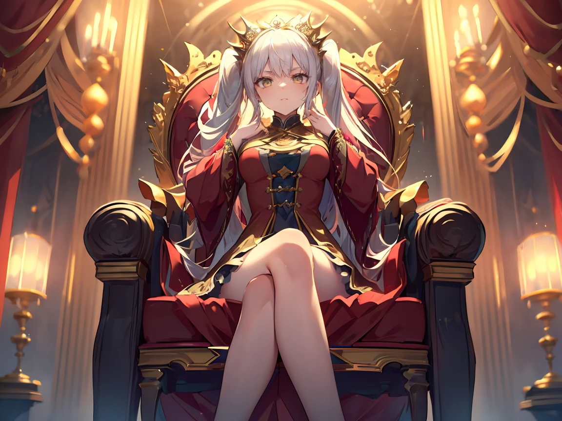 The white-haired Red Lotus Female Emperor is the leader of the White Fox Clan, and with her extraordinary talent and unparalleled strength, she rules her people. She is haughty and confident, with deep eyes and a cold aura, showing her authority and the status of ruler. Her hairstyle is flowing white, part of which is tied into a towering bun, and her hair color is pale and flawless, which fully shows her nobility and elegance. She wore a red suit, her robe was decorated with gold patterns, and her coat was a white shawl, which was full of noble atmosphere. She also wears a ruby and silver ornament and holds a silver scepter indicating her status and power. She sat high on her throne and proudly looked down at those around her, her eyes as sharp as eagles, showing her determination and will to rule. Her environment is an ancient and ornate palace, with splendid golden walls and solemn solemnity. There are no superfluous elements in this scene, only her and her subordinates, which further highlights her nobility and ruler's status. The whole atmosphere is filled with a murderous atmosphere, but under the rendering of the lighting, it is particularly harmonious and soft. She is a very good leader and a figure respected by the White Fox Clan
