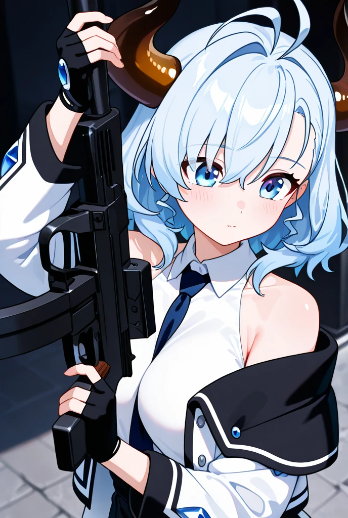 "anime girl, 1 person, silver-white hair mixed with black, blue eyes, wearing headphones, female shirt, female school uniform, big breasts, tights, standing cross-legged, holding a gun pointing at the perspective  , side view,loli , (full HD 4K+ image)"