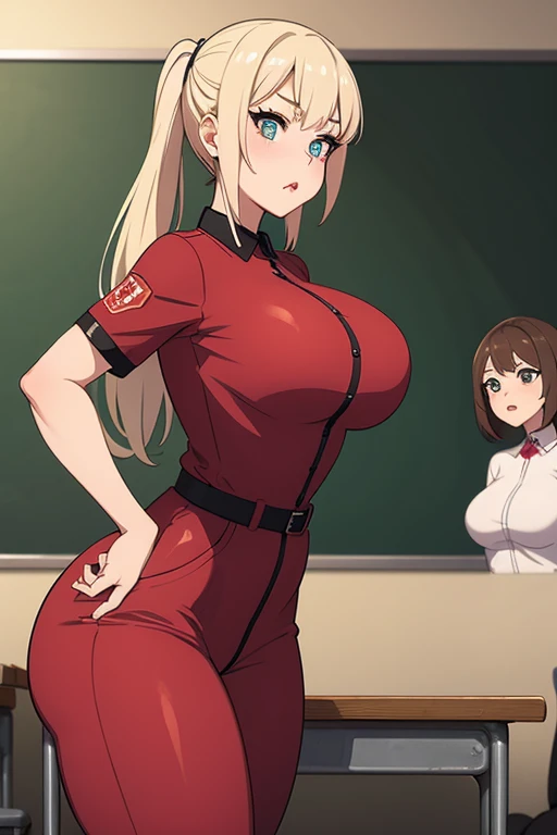Masterpiece, 4K, Hellsing Ultimate, Seras Victoria, 1girl, ((bimbo))), short blond spikey hair, red eyes, cute smile face, puffy lips, thick lips, wide hips, thick, thick thighs, enormous round fake breast, huge ass, police uniform, Bursting breasts, nipples,