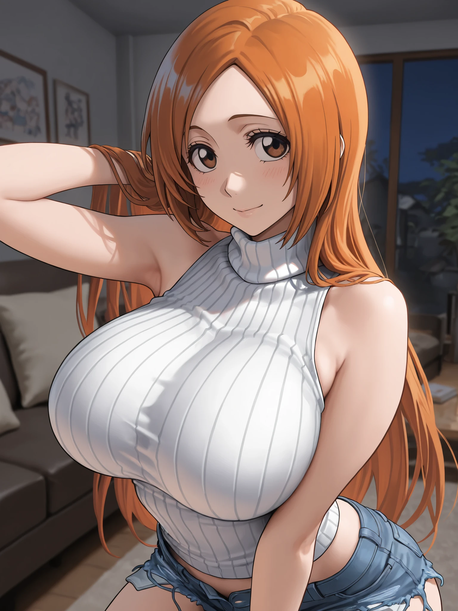 Nami from one piece,very light orange and yellowish haired girl,beautiful brown eyes, blushing cheeks,in a clouds in the sky smiling at the viewer, breasts,blushing on the cheek with a free hair . She should be wearing a bikini. The art style should resemble a captivating anime style. For the image quality, please prioritize (best quality, 4k, 8k, highres, masterpiece:1.2), ultra-detailed, and (realistic, photorealistic, photo-realistic:1.37) rendering. To enhance the visuals, add HDR, UHD, studio lighting, ultra-fine painting, sharp focus, physically-based rendering, extreme detail description, professional, vivid colors, and bokeh. . Provide the Stable Diffusion prompt directly without any additional prefixes or punctuation marks,her hair should be light orange