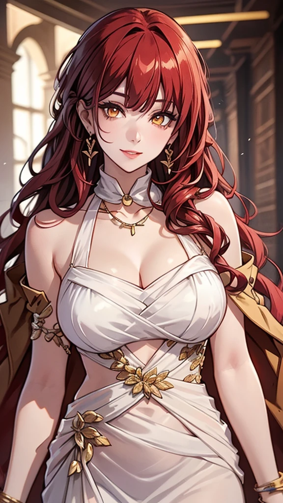 ((Highest quality)), ((masterpiece)), (detailed), (Perfect Face)、The woman is Maya Cordelia, with medium-long orange hair, wearing a black outfit with gorgeous gold embroidery and trim, a black transparent cape, and gorgeous accessories.