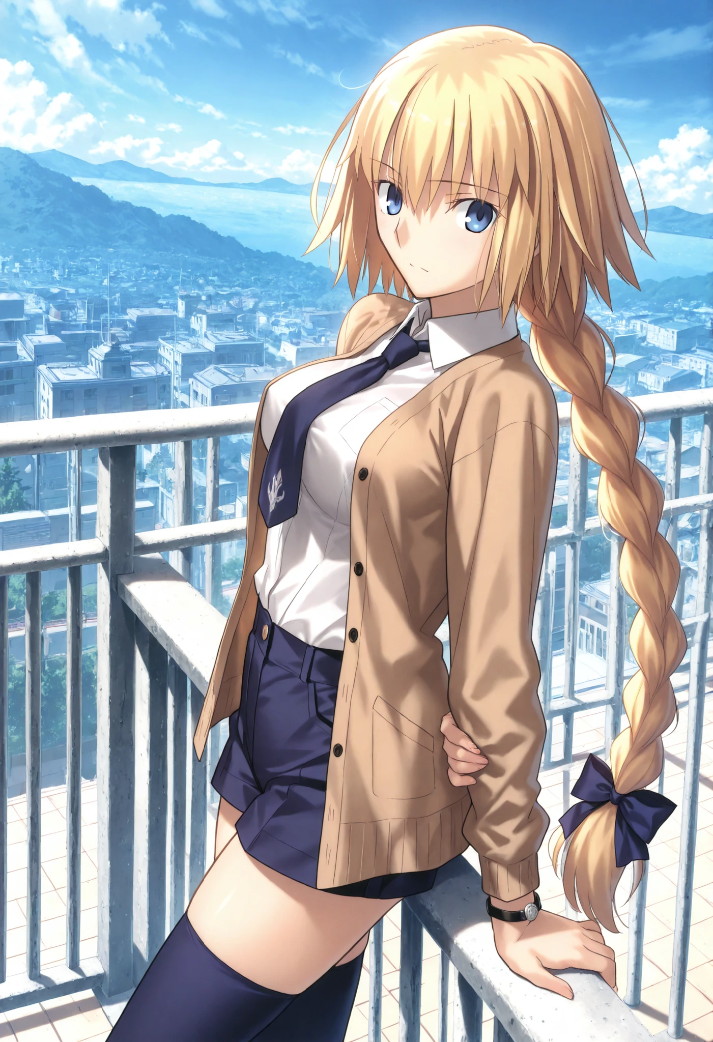 masterpiece, , absurdres, highres, detailed background, high resolution, masterpiece, necessary, detail, best quality, quality, necessary, details, High details, Precise, outdoors, in japan, , from above, from side, blue sky, arm support on railing,
1girl, , Takeuchi Takashi (type-moon,tsukihime) style, takeuchi takashi style, blouse tucked in shorts, cowboy shot, bracelet,
girl, slim arms, jeanne d arc, \(fgo\), blue eyes, jeanne d arc, blonde hair, medium hair, single braid, ((very big braid, huge braid)), loose brown cardigan, closed front, long sleeve, white undershirt, dark blue necktie ,collared undershirt, dark blue shorts, dark blue thighhighs barely visible at the bottom of the frame, medium breasts, looking at viewer, ,
