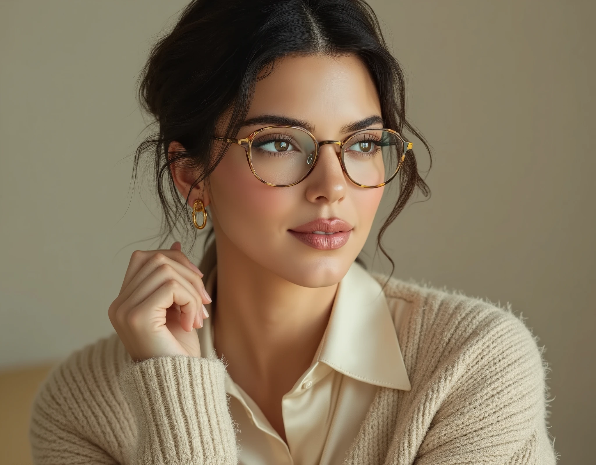 arafed woman wearing a collared satin blouse under a crewneck sweater, warm smile, gorgeous eyes, glasses